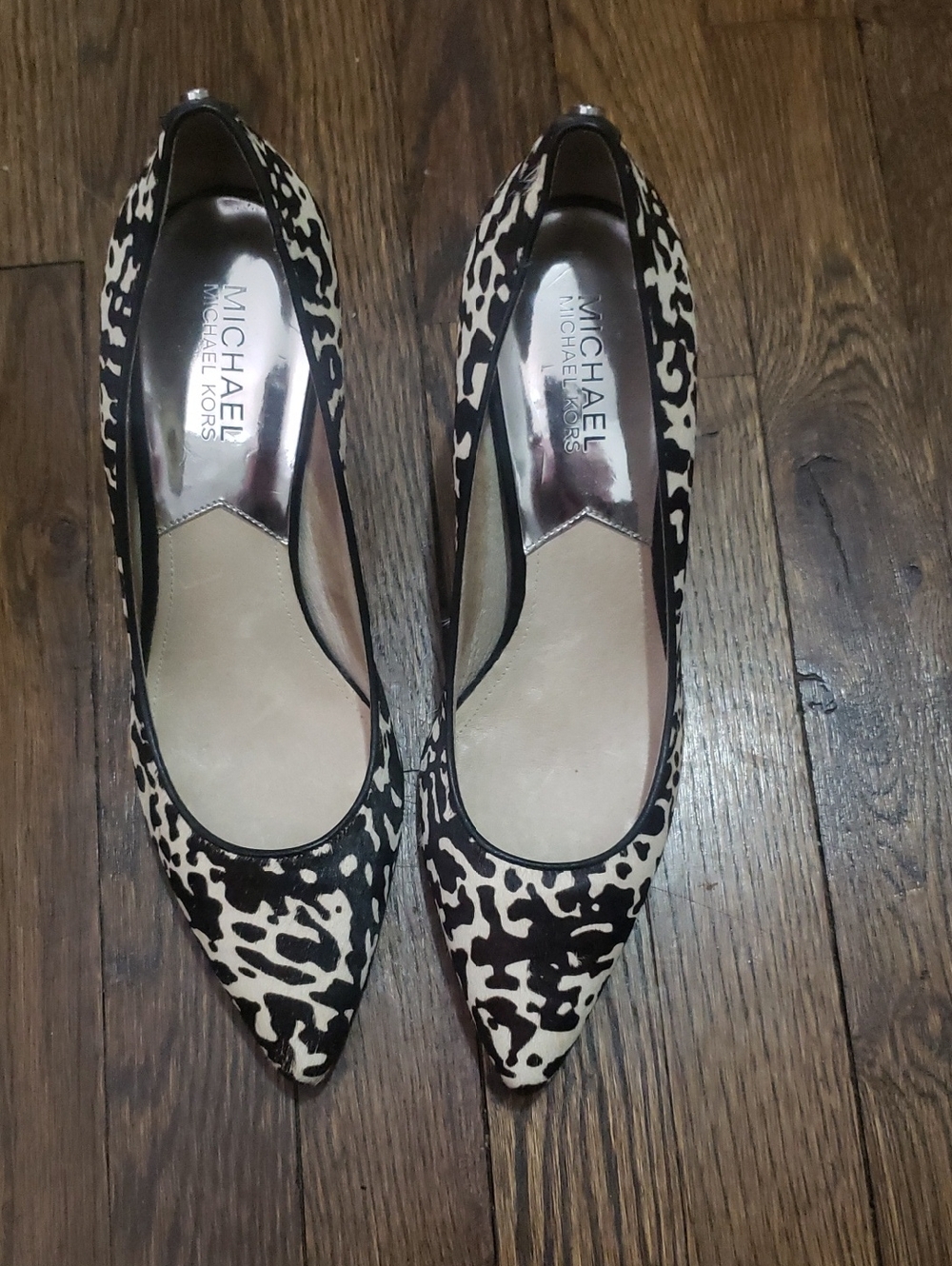Michael Kors Leopard Print Pointed Toe Flats in Black and Cream